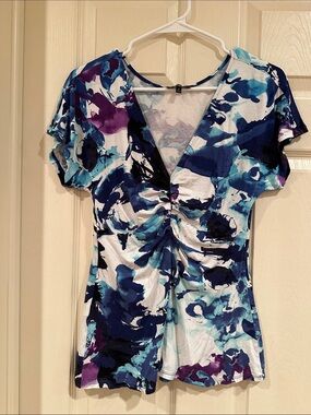 Express Abstract Floral V-Neck Ruched Front Top - Blue, White, Purple